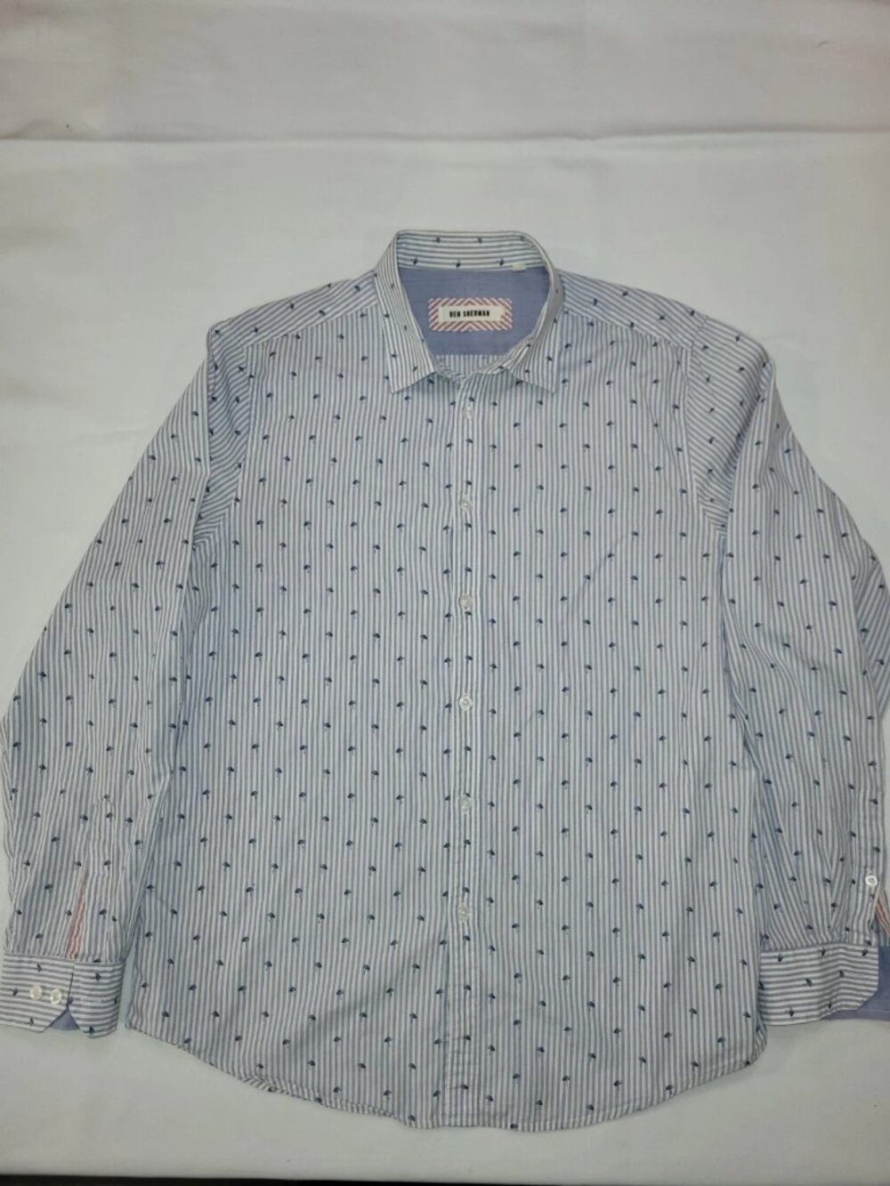 Ben Sherman Men's Large Button Up Shirt Blue White Stripe Print Long Sleeve